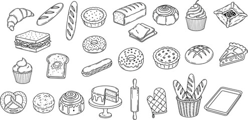 Collection of hand drawn bakery and food items sketch