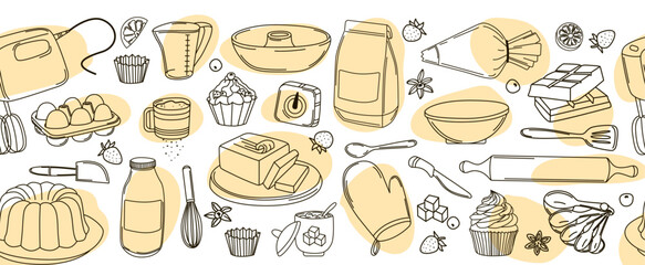 Vector illustration of a seamless pattern with various baking tools and ingredients. Includes a mixer, eggs, flour, measuring cups, and chocolate. Perfect for cooking projects and recipe creation.