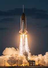 A massive rocket blasts off from a launch complex, propelling itself skyward with intense fiery exhaust, embarking on an incredible journey ,technology ,travel ,complex