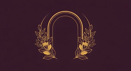 Elegant golden floral frame with arch on a dark purple background for invitations and greeting cards design