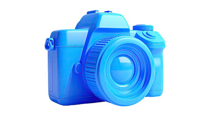Glossy blue camera rendering with lens detail, studio lighting