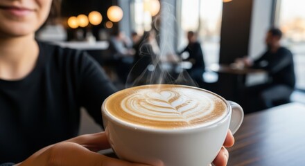 Close up of a steaming latte with intricate foam art being held by a person in a coffee shop