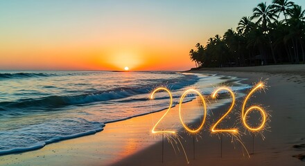 Sparkling new year 2026 written in sand on a tropical beach at sunset with ocean waves