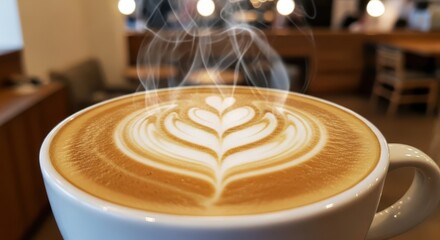 Close up of a steaming hot latte with beautiful latte art in a white mug at a cozy cafe
