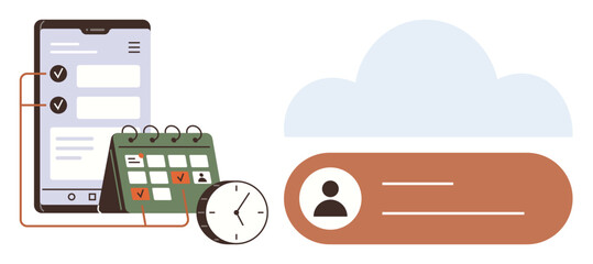 Smartphone task checklist, calendar with date reminders, clock, user profile, and cloud storage. Ideal for productivity, time management, digital tools, scheduling organization planning cloud