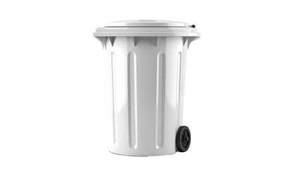 White plastic trash can with lid and wheels on black background