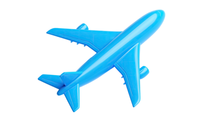 Aerial view of a glossy blue airplane on a stark black backdrop