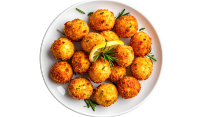 Plate of golden, fried balls garnished with lemon and rosemary
