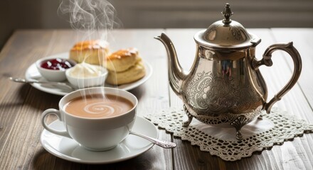 Fototapeta premium Steaming cup of hot beverage with ornate silver teapot and scones served on a rustic wooden table