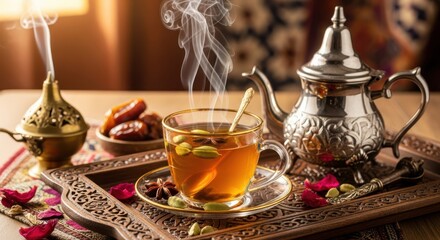Fototapeta premium Steaming hot traditional arabic tea served with dates and spices on an ornate tray evoking warmth and hospitality