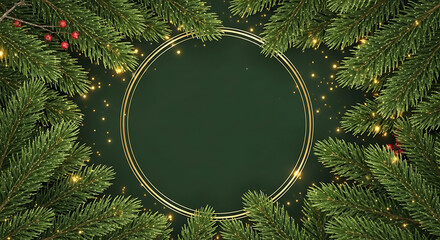 Festive holiday background with lush green pine branches, sparkling golden lights, and red berries, framing an elegant golden circle for seasonal greetings and messages