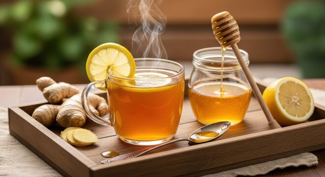 Steaming hot honey lemon ginger tea served in glasses with fresh lemon slices and ginger root on a wooden tray