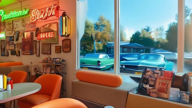 Retro diner interior design vintage neon signs classic cars nostalgic atmosphere restaurant decor style