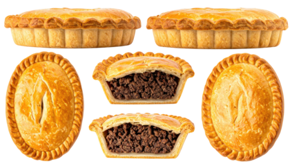 Six golden meat pies, two halved revealing meaty filling