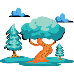Stylized Blue Green Tree Landscape With Orange Trunk And Pine Trees Under Blue Clouds And Clear Sky With Transparent Background