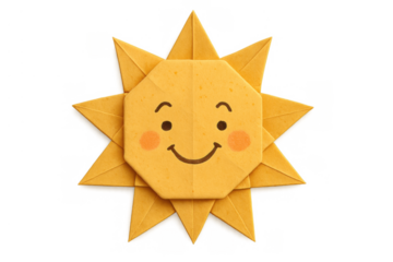 Yellow origami sun shining brightly, showing a happy face with a smile and rosy cheeks, representing happiness and warmth