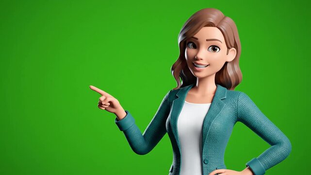 Animated Businesswoman Character Presenting on Green Screen Background.
