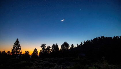 Night Sky Panorama Crescent Moon Above Dark Forest Silhouette Under Clear Starry Sky © RUBI