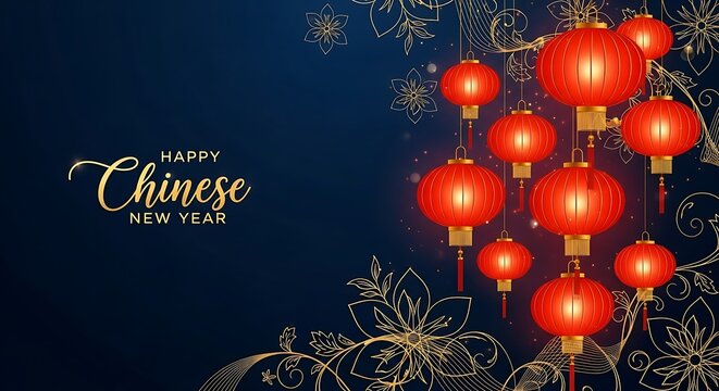 Traditional chinese new year celebration with glowing red lanterns and ornate floral decorations