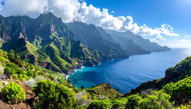 A sweeping scenic panorama presents rugged mountains meeting the vibrant blue ocean. Lush green vegetation drapes the foreground - Powered by Adobe