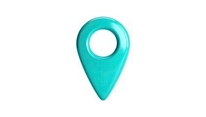 Glossy turquoise location pin against a stark black background