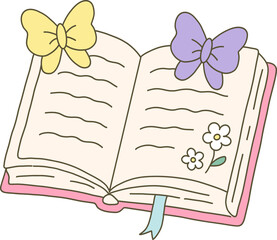 Open Book Bow Flower Coquette Aesthetic Vector Graphic Hand drawn cute reading journal diary pastel feminine illustration clip art element