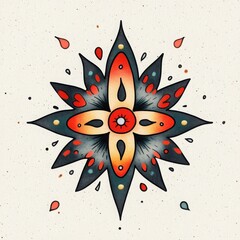 Intricate Geometric Star Design with Floral Elements in Tattoo Style with Radial Symmetry and Texture