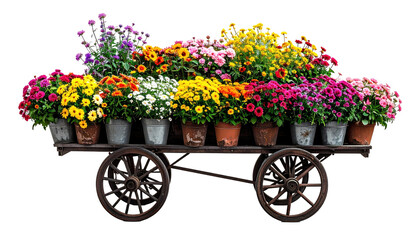 Abundant flowers in pots displayed on an aged wooden cart