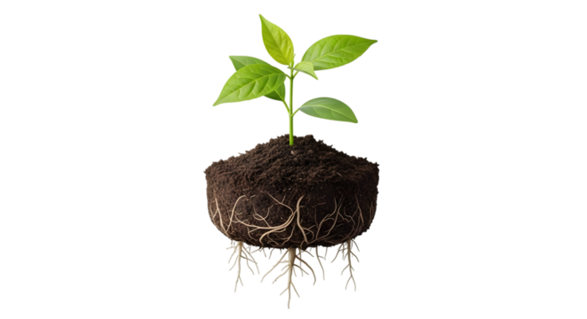 Healthy green plant with visible root system growing from rich soil against a stark black background