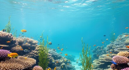 A breathtaking underwater panorama revealing a thriving coral reef ecosystem teeming with vibrant marine life, bathed in clear blue waters and natural sunlight filtering from above
