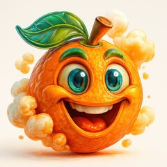 Cheerful cartoon orange with green leaf and orange vapor