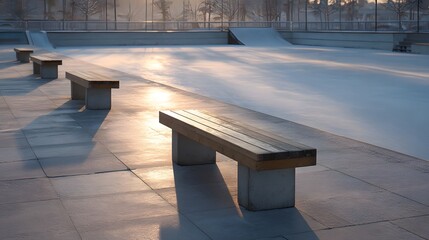 Frosty skatepark with benches in golden morning sunlight during winter