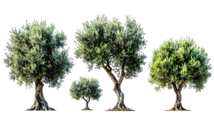 Four olive trees, varying sizes, against a black background