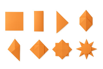 Orange origami sun folding steps on transparent background, showing paper craft diy process