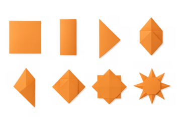 Orange origami sun folding steps on transparent background, showing paper craft diy process