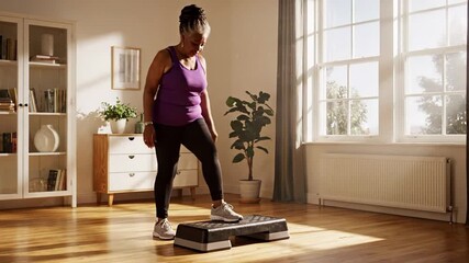 Mature African woman exercises indoors, warm sunlight fills cozy living room, home fitness routine during autumn morning