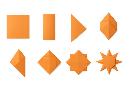 Orange origami sun folding steps on transparent background, showing paper craft diy process