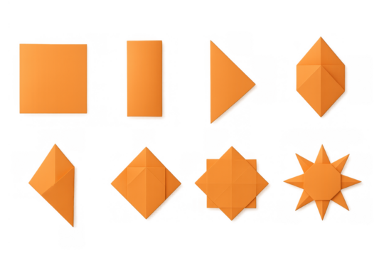 Orange origami sun folding steps on transparent background, showing paper craft diy process