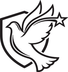 Obraz premium Minimalist Dove and Shield Logo Line Art with Star Symbol – Peace Freedom Vector Design