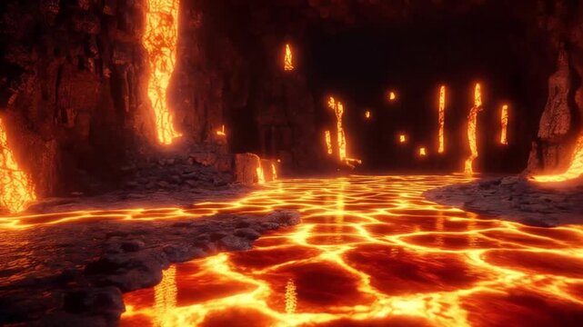 Lava cave fire dungeon hellscape molten rock underground magma fiery landscape inferno adventure hot place