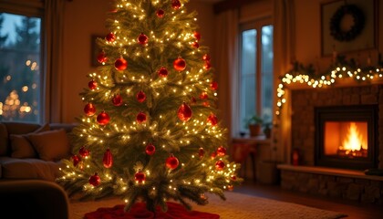 “Christmas tree decorated with golden lights and red ornaments, cozy living room, soft glow, cinematic lighting, realistic details.