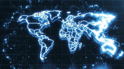 Animated world map with glowing blue lines for global business and technology ideas - Powered by Adobe