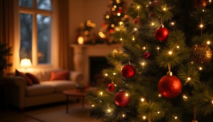 “Christmas tree decorated with golden lights and red ornaments, cozy living room, soft glow, cinematic lighting, realistic details.