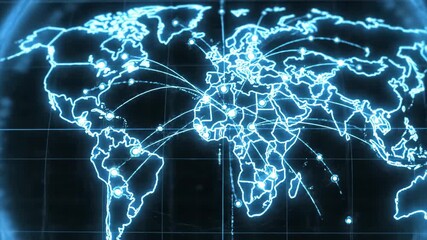 Modern global business network interface with glowing continents and data stream - Powered by Adobe
