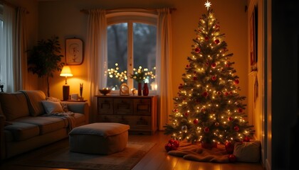 “Christmas tree decorated with golden lights and red ornaments, cozy living room, soft glow, cinematic lighting, realistic details.