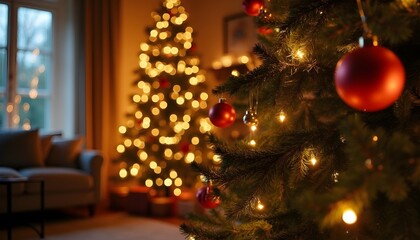 “Christmas tree decorated with golden lights and red ornaments, cozy living room, soft glow, cinematic lighting, realistic details.