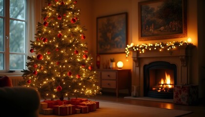 “Christmas tree decorated with golden lights and red ornaments, cozy living room, soft glow, cinematic lighting, realistic details.