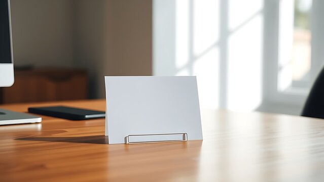 notecard. Minimalist wooden desk with a single blank notecard under soft natural lighting. lifestyle magazines, social media lookbooks, designed for lifestyle magazines and social media content. - Powered by Adobe