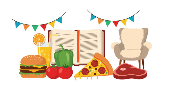 A colorful illustration of celebration and comfort, featuring party flags, diverse food, fresh produce, an open book, and a cozy armchair.