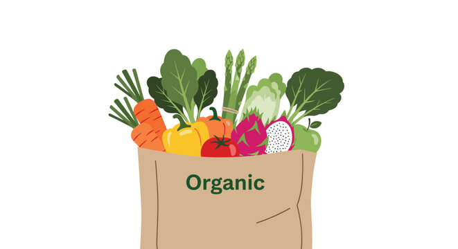 An illustration of a brown paper shopping bag filled with a vibrant assortment of fresh organic fruits and vegetables, promoting healthy eating and sustainable choices.